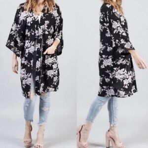 Spiritual Gangster Maya Bohemian Black Floral Waist-Tie Duster Kimono - One Size